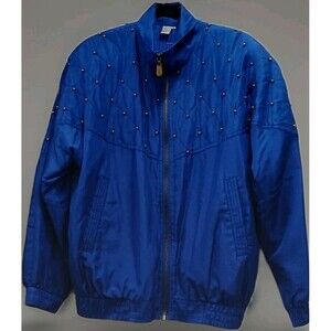 Vintage 80s Fuda Int’l Blue 100% Silk Bomber Jacket Women M Studded Shoulder Pad